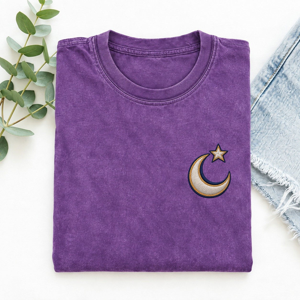 Crescent Star Symbol Emblems Left Chest Vintage T-shirt – Purple