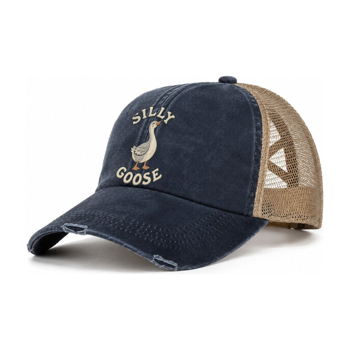 Goose Animal Puns Women's Ponytail Trucker Hat – Navy Khaki