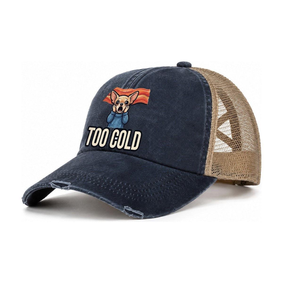 Chihuahua Scream Too Cold Scream Women's Ponytail Trucker Hat – Navy Khaki