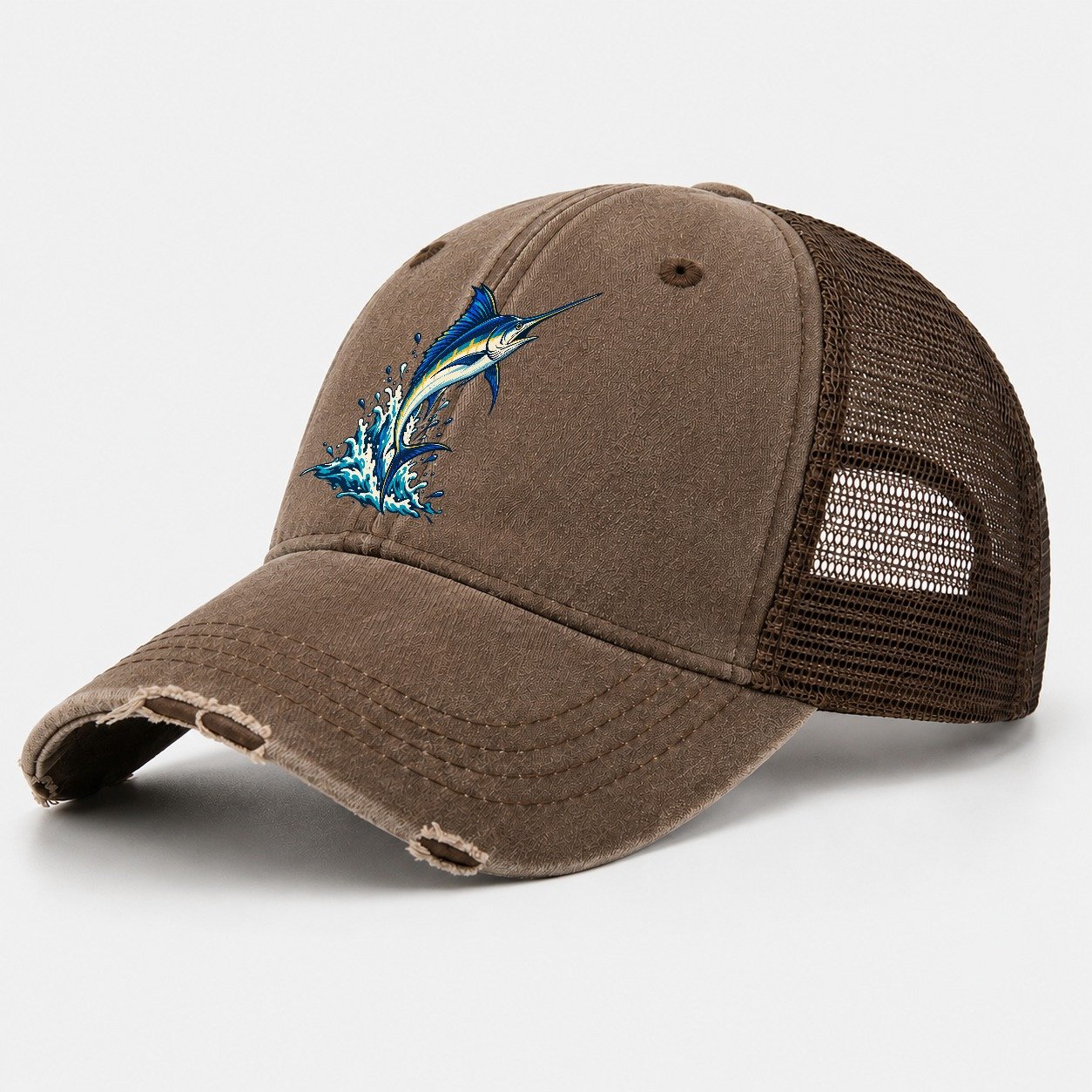 Marlin Leap Fishing Elegant Washed Trucker Hat – Coffee