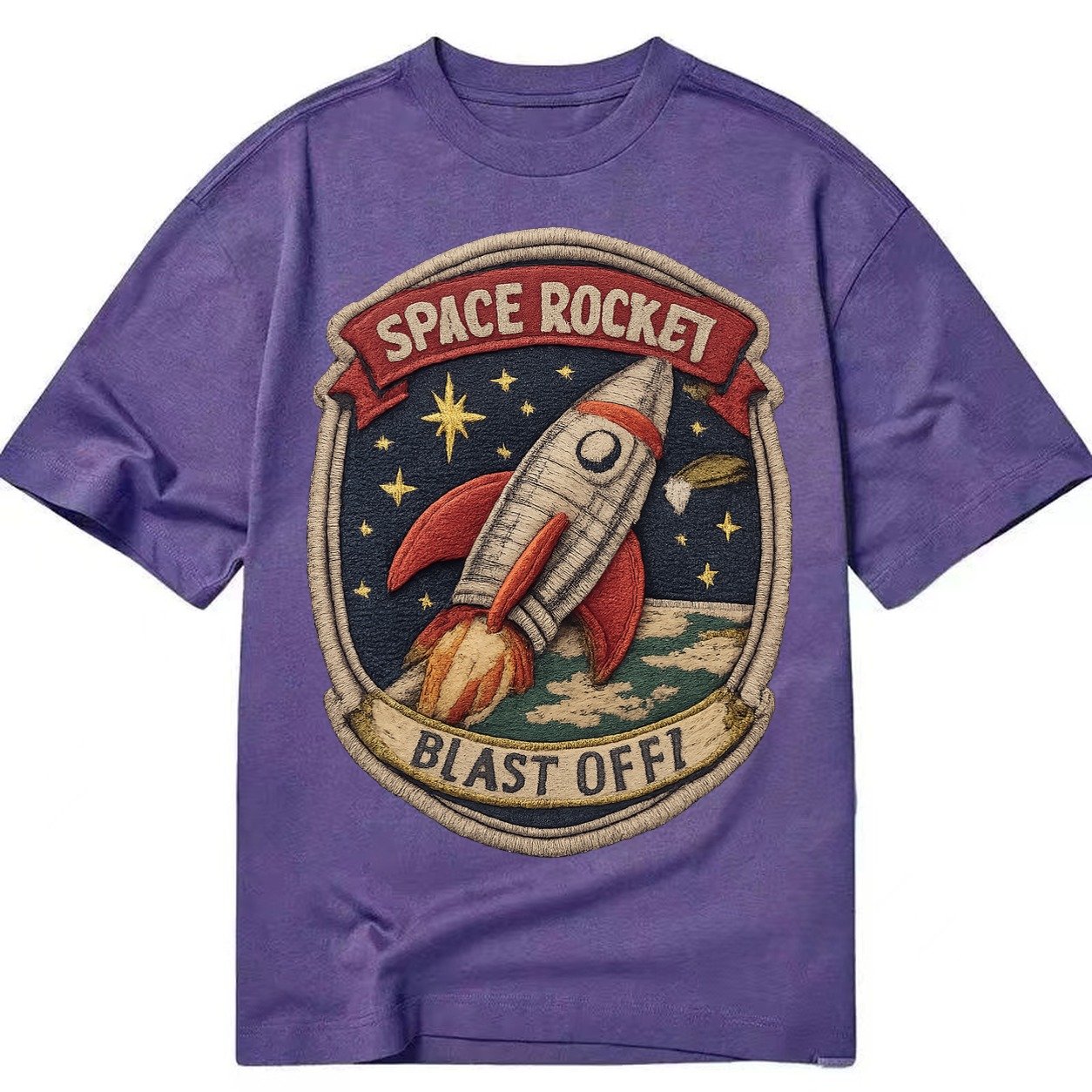 Embroidered Patch Design Retro Rocket 1950s Space Rocket In Classic T-shirt – Purple
