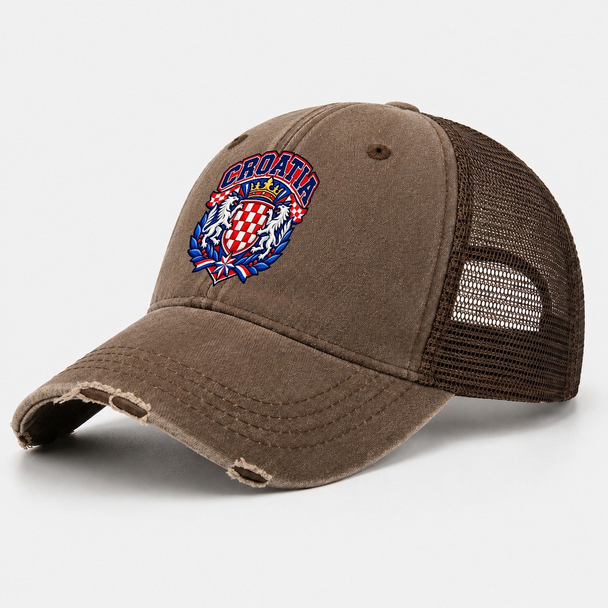 Croatia Retro Badge Country Logos Washed Trucker Hat – Coffee