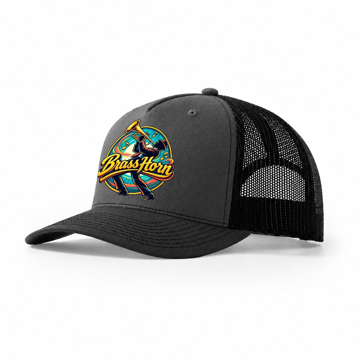 Brass Horn Crest Music Instruments Trucker Hat – Dark Grey Black