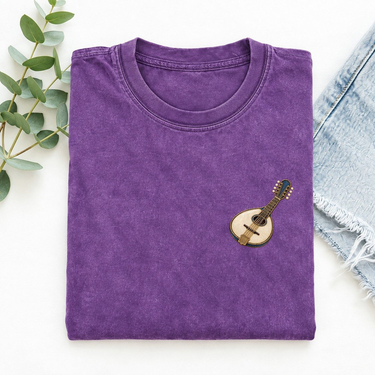 Mandolin Pear Body Keepsake Emblem Left Chest Vintage T-shirt – Purple