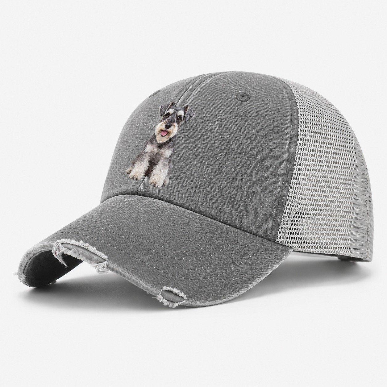 Miniature Schnauzer Sitting Top Breeds Washed Trucker Hat – Grey
