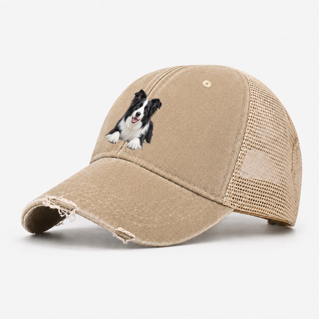 Border Collie Lying Down Top Breeds Washed Trucker Hat – Khaki