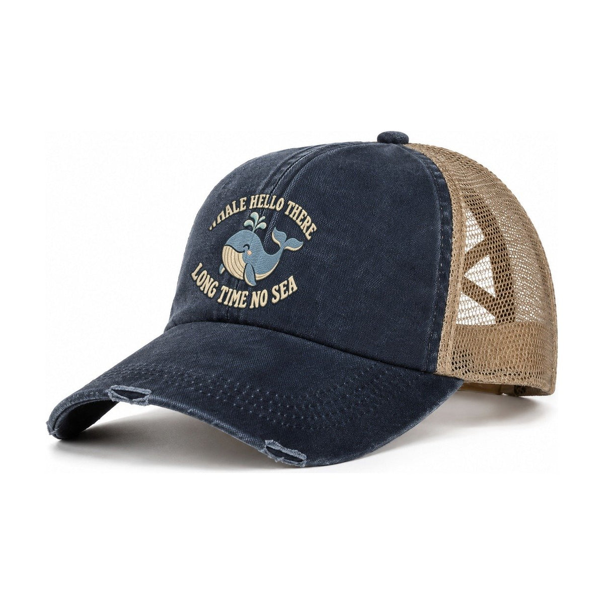 Whale Animal Puns Women's Ponytail Trucker Hat – Navy Khaki