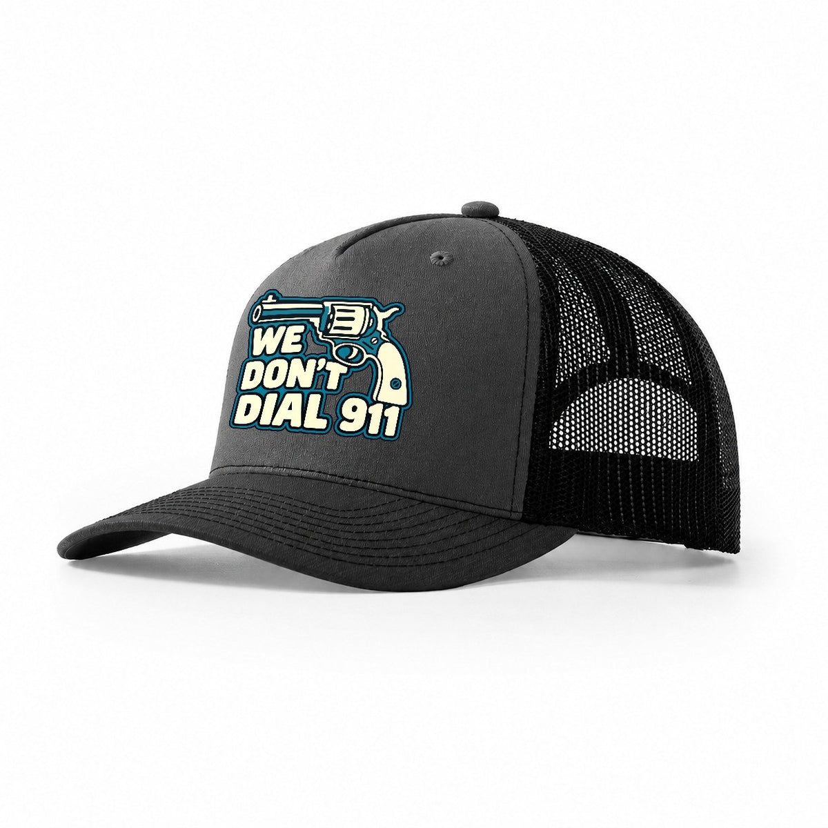 Continuous Line Mark We Don't Dial 911 Trucker Hat – Dark Grey Black