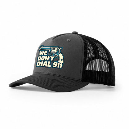 Continuous Line Mark We Don't Dial 911 Trucker Hat – Dark Grey Black