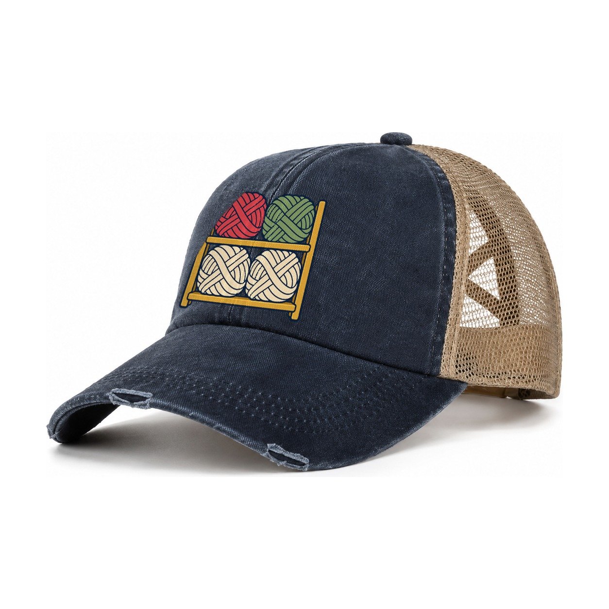 Yarn Stash Shelves Yarn Crafts Women's Ponytail Trucker Hat – Navy Khaki