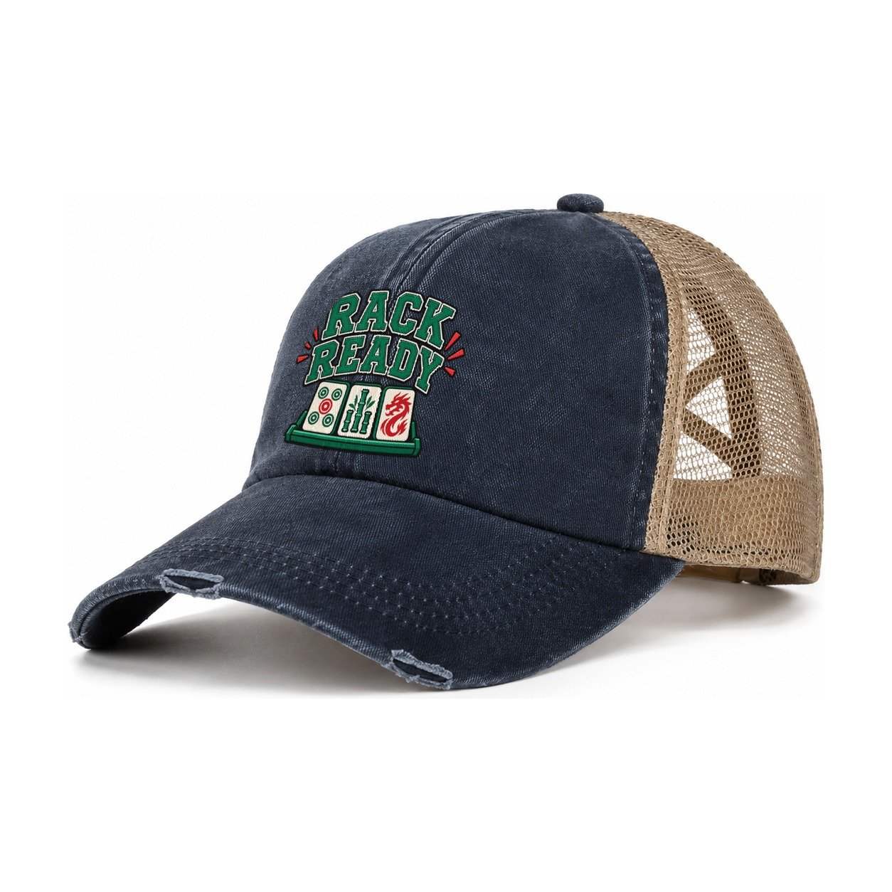 Rack Ready Mahjong Game Night Women's Ponytail Trucker Hat – Navy Khaki
