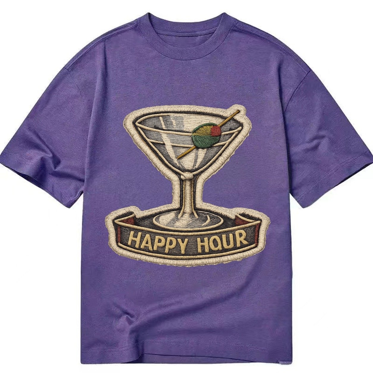 Embroidered Patch Design Cocktail Martini Martini Glass With Classic T-shirt – Purple