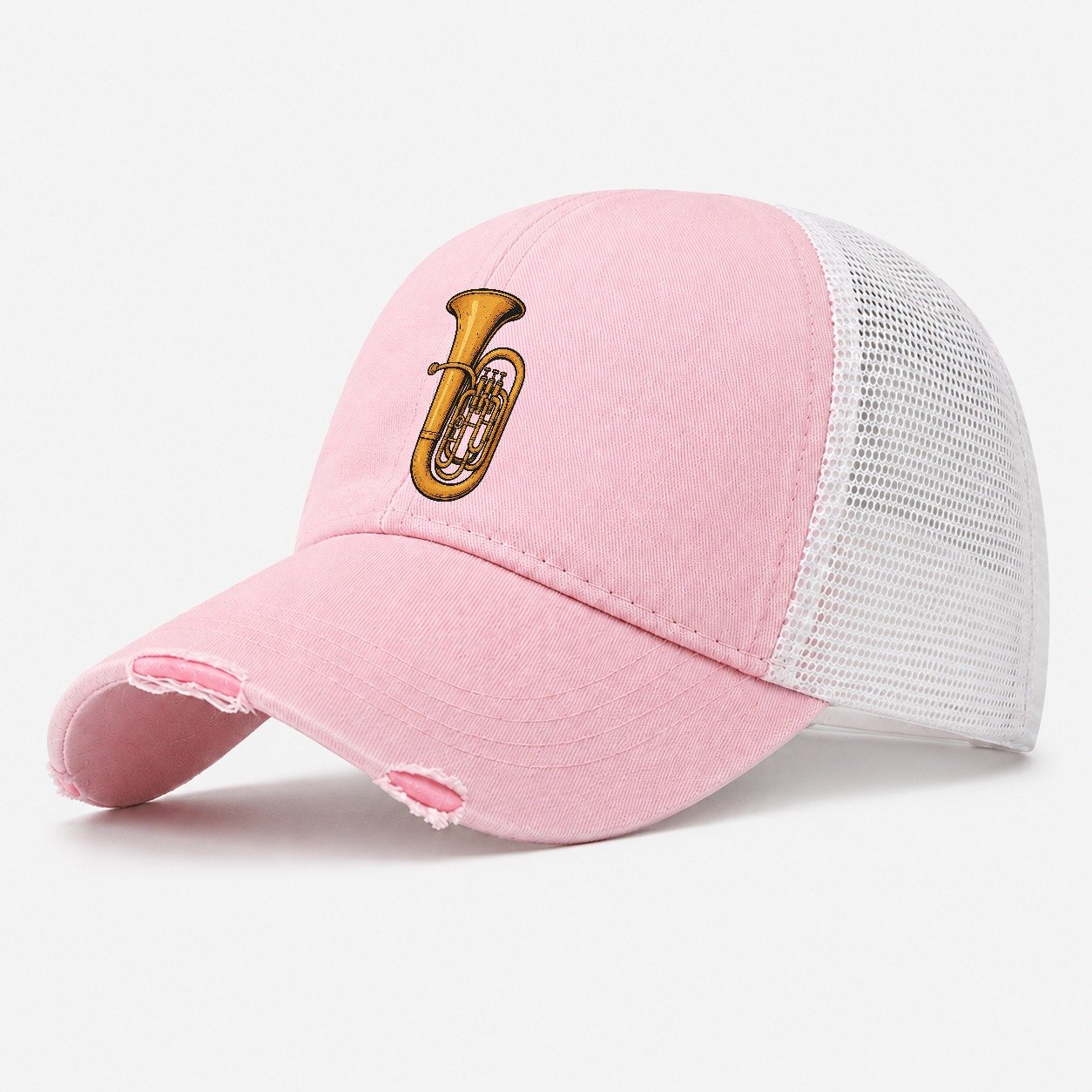 Tuba With Large Brass Bell Washed Trucker Hat – Light Pink
