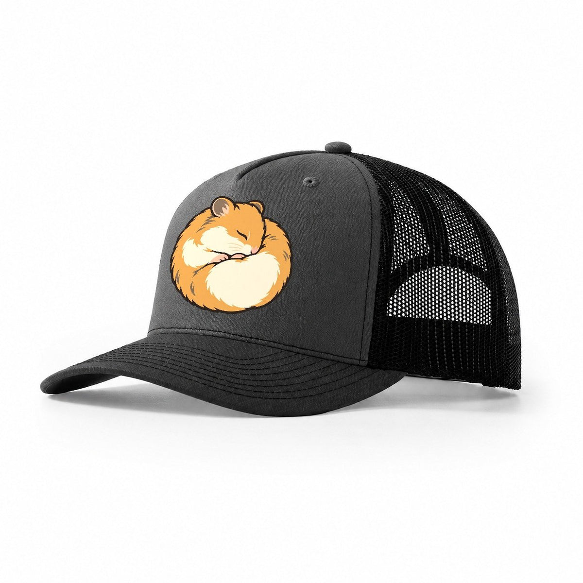 Hamster Curl Nap Small Pet Logos Trucker Hat – Dark Grey Black