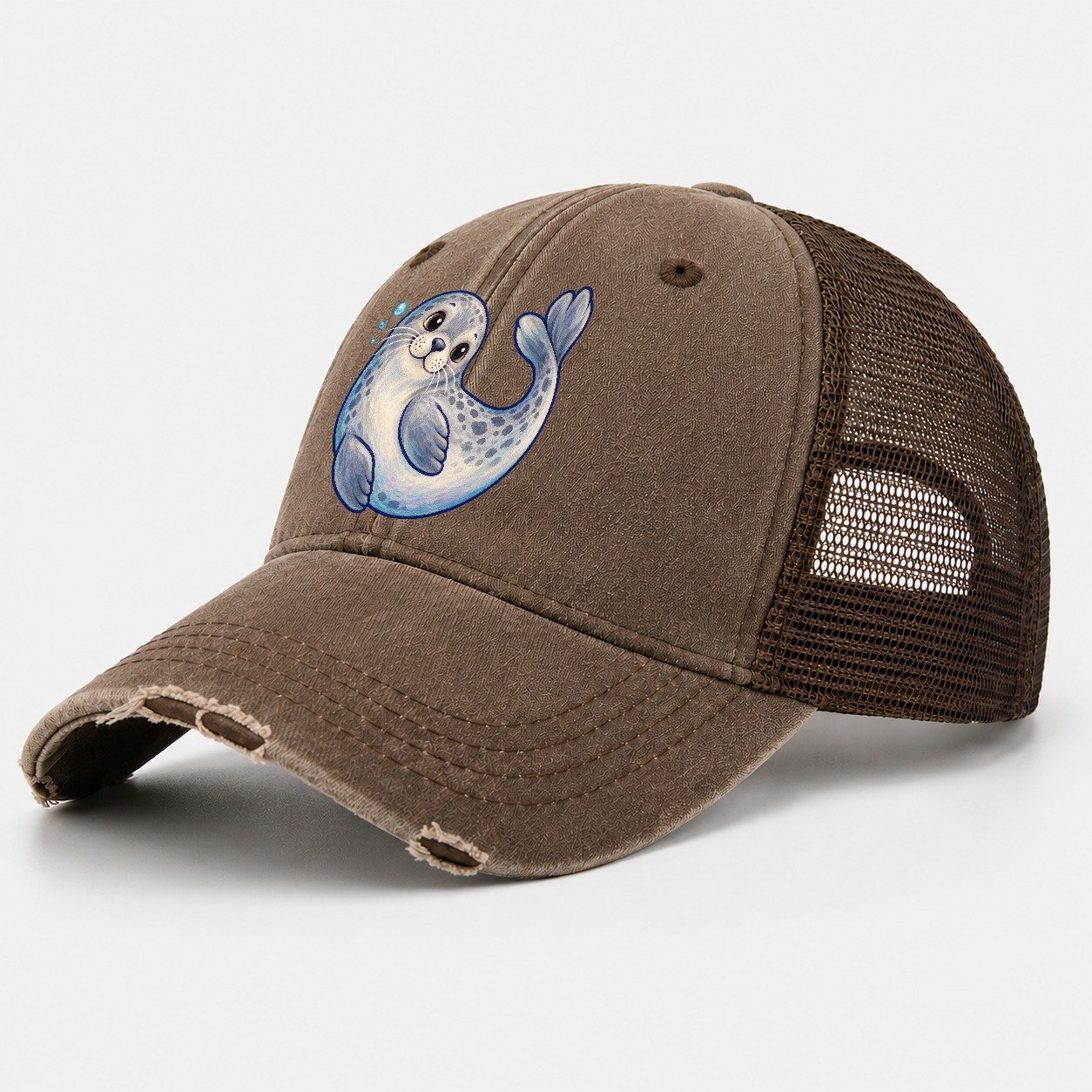 Seal Side Roll Sea Sprite Washed Trucker Hat – Coffee