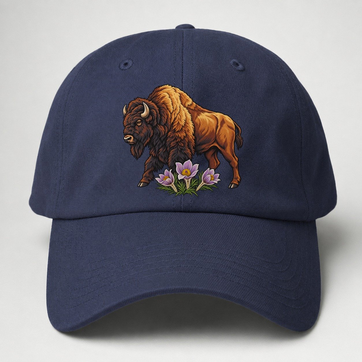 Wood Bison And Prairie Crocus Canada Cultural Icons Baseball Cap – Twilight Navy