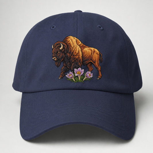 Wood Bison And Prairie Crocus Canada Cultural Icons Baseball Cap – Twilight Navy