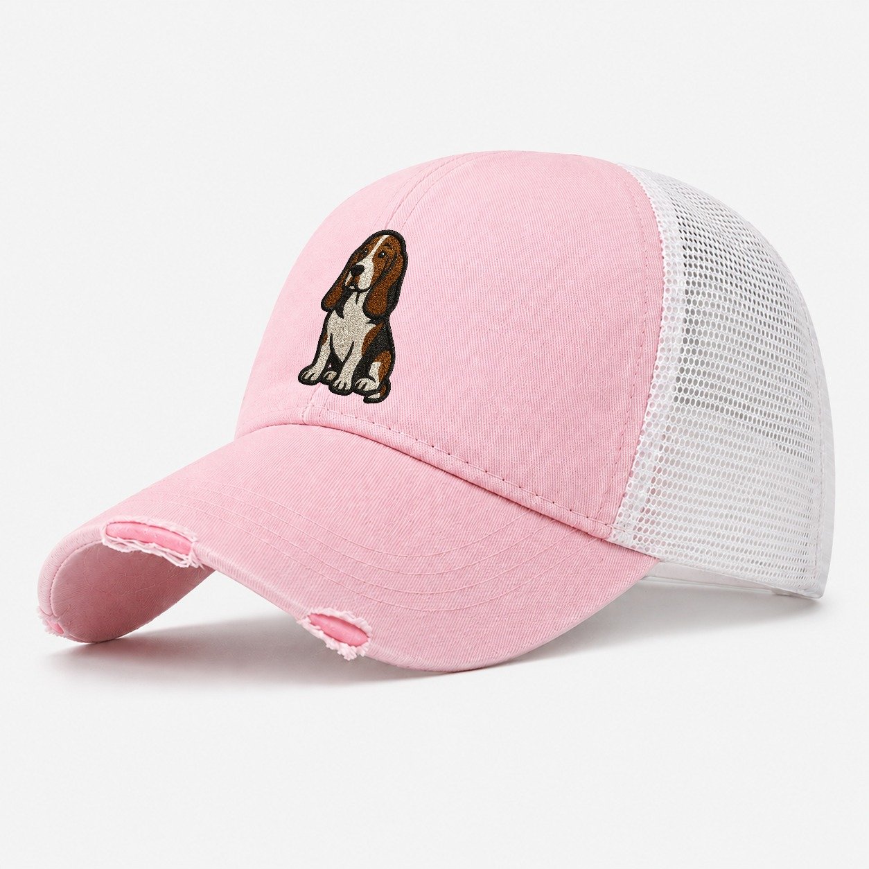 Basset Hound Tri Color Embroidered Sitting Pose Washed Trucker Hat – Light Pink