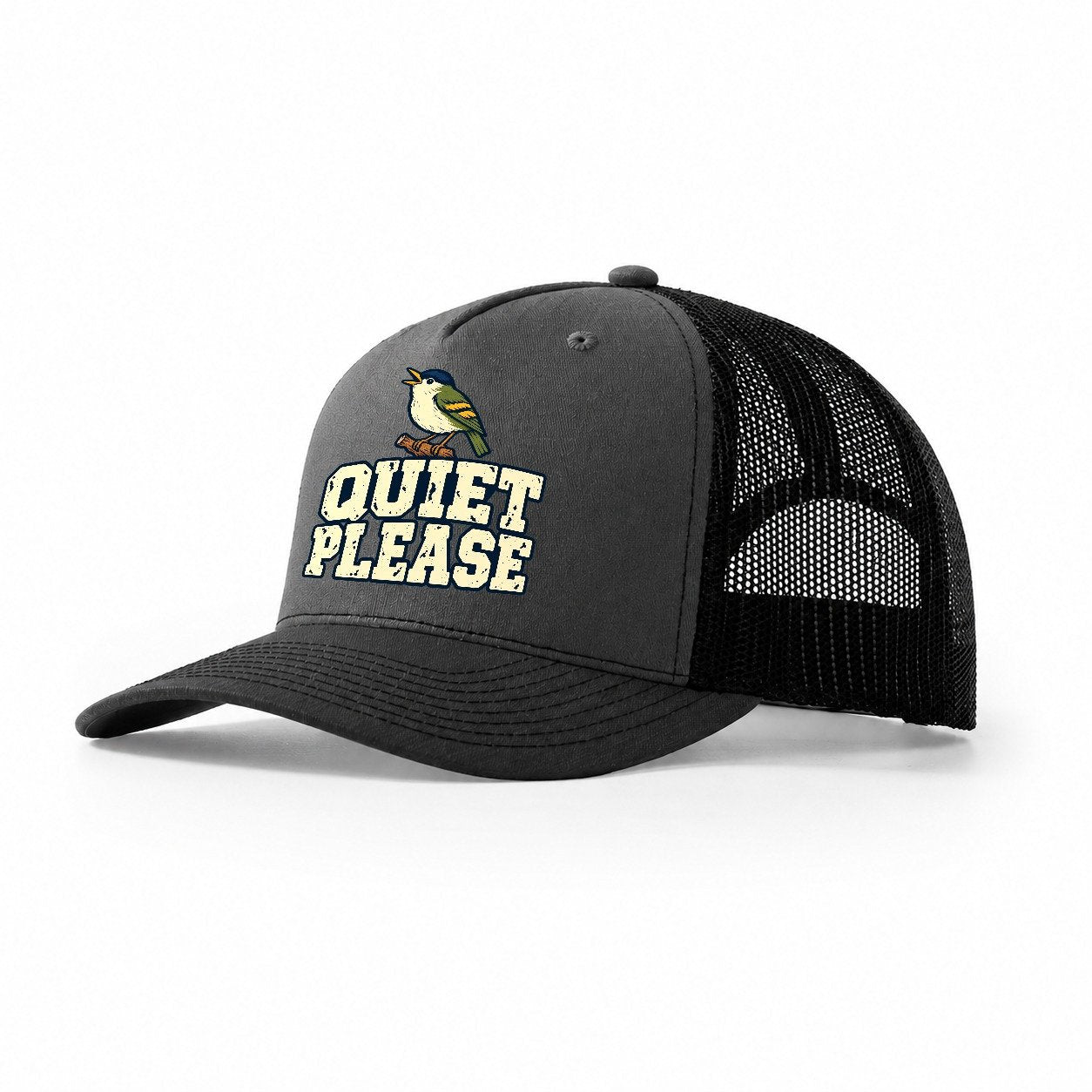 Quiet Please Birdwatching Trucker Hat – Dark Grey Black