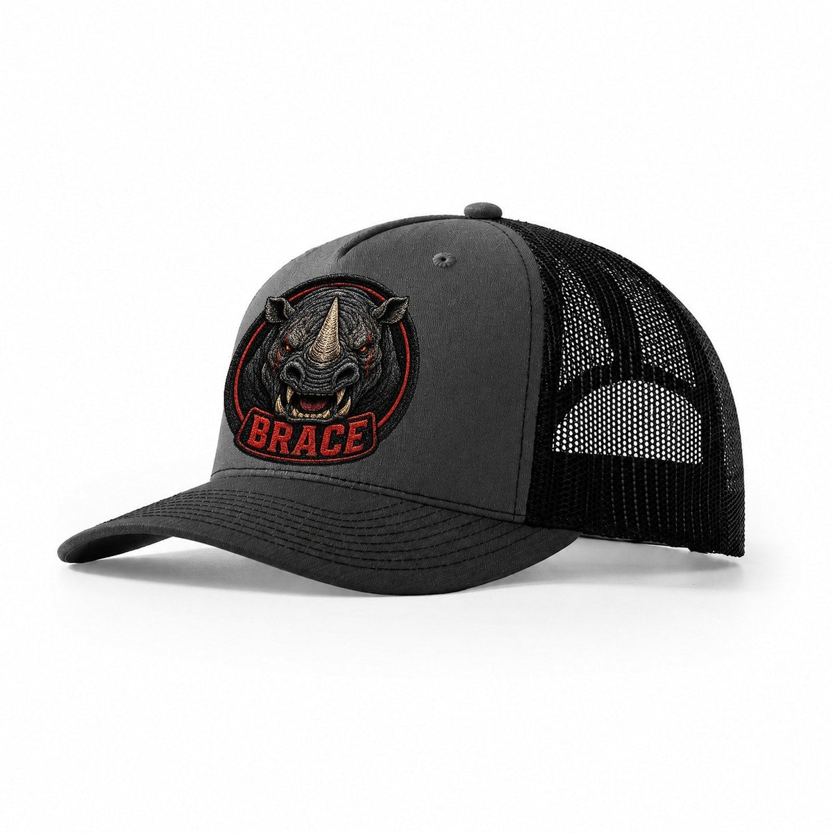 Rhino Brace Badge Trucker Hat – Dark Grey Black