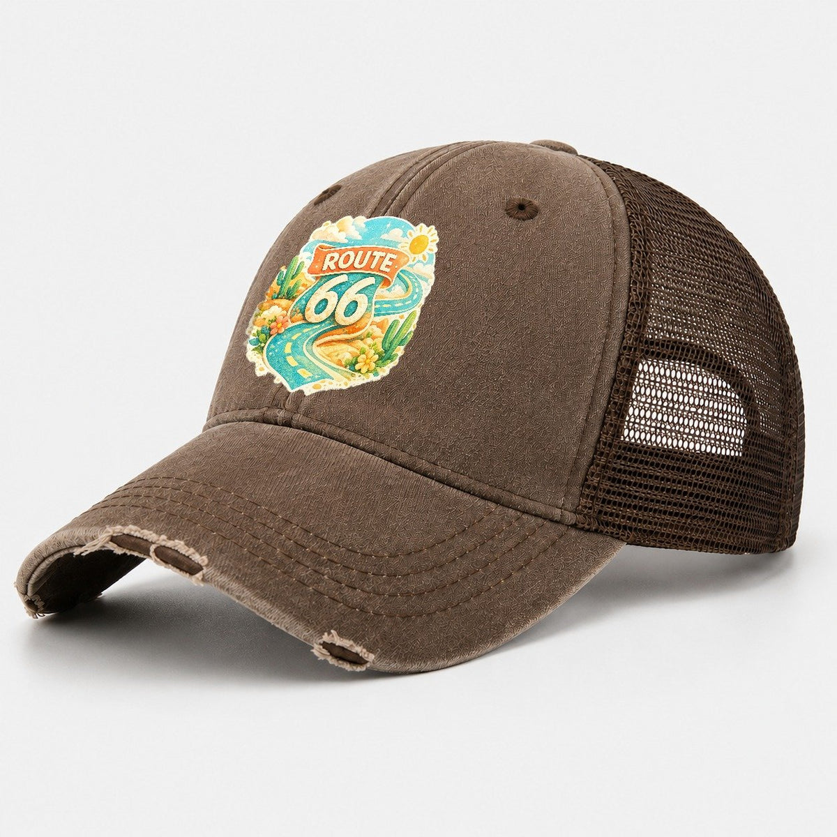 Route 66 Highway Shield Washed Trucker Hat – Coffee
