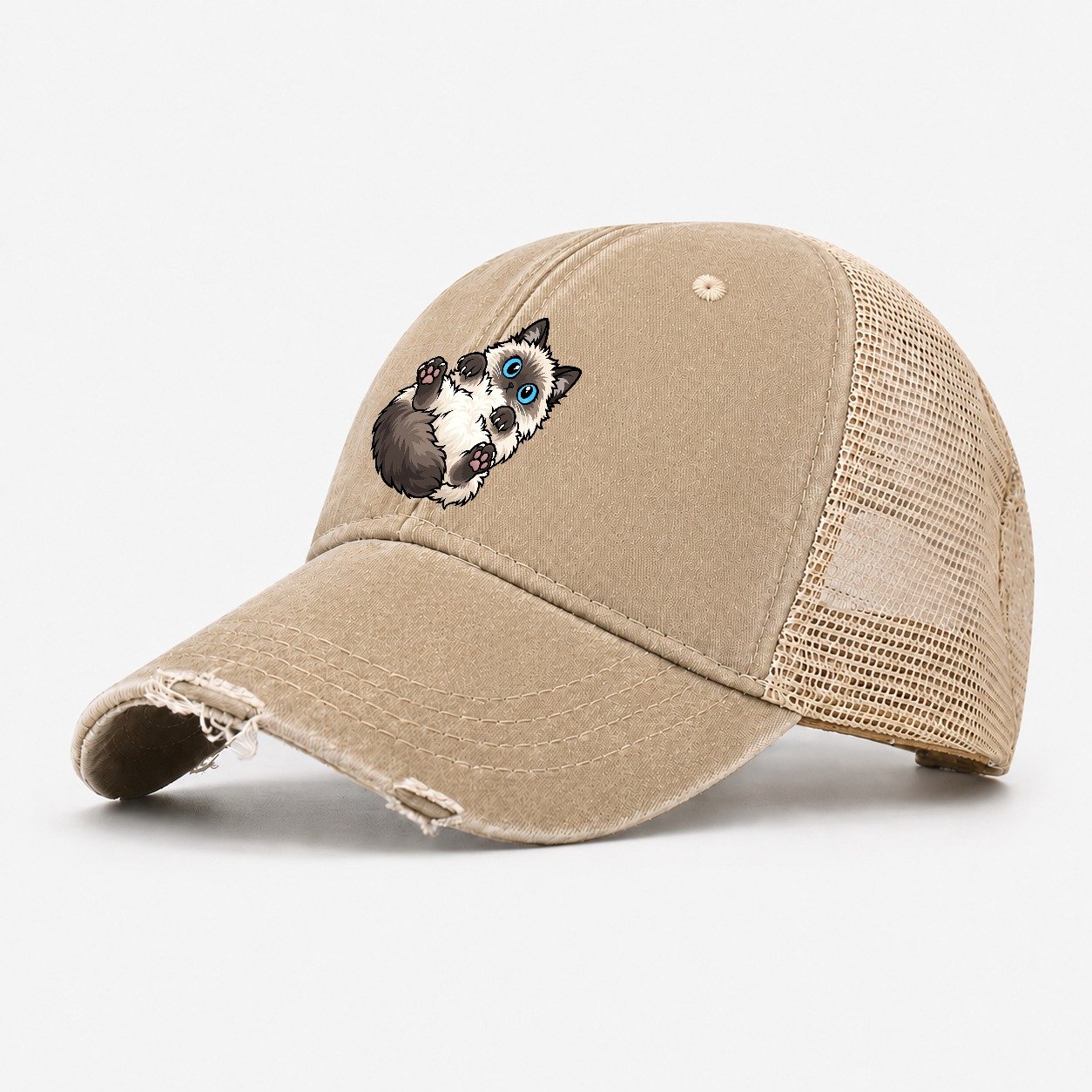 Ragdoll Flopped Peeking Cats Washed Trucker Hat – Khaki
