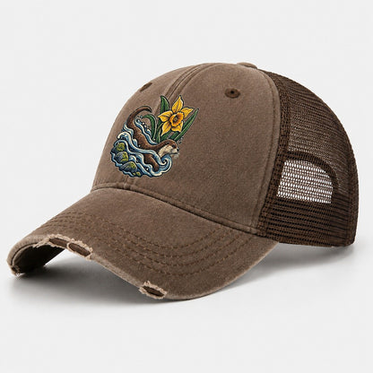 Welsh Otter And Daffodil Stream Uk Culture Heritage Washed Trucker Hat – Coffee