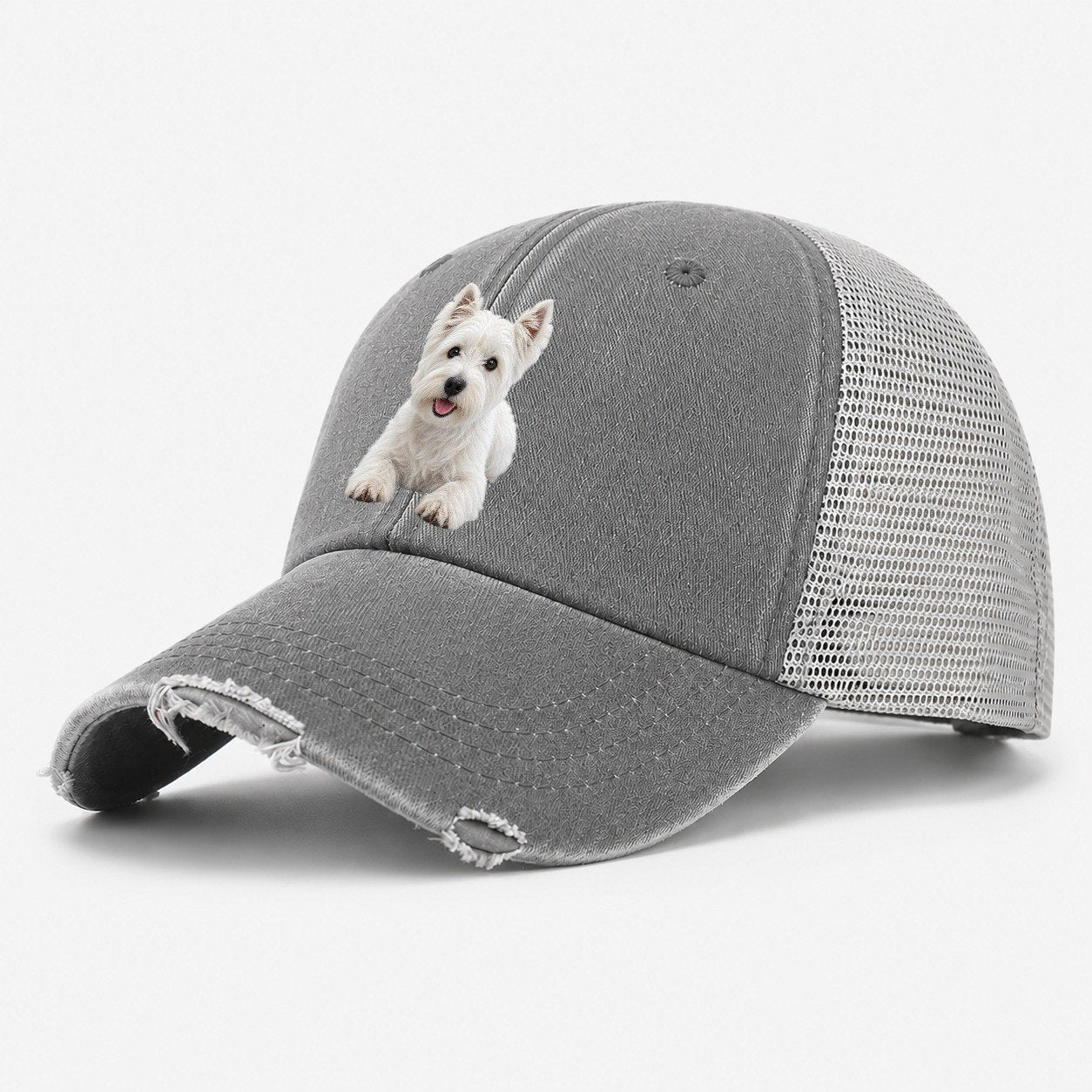 West Highland White Terrier Westie Lying Down Top Breeds Washed Trucker Hat – Grey