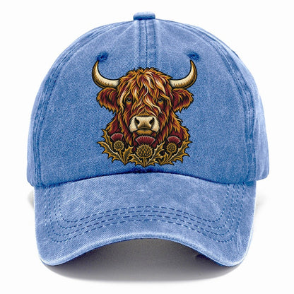 Highland Cow With Thistle Meadow Uk Culture Heritage Classic Cap – Summer Sky