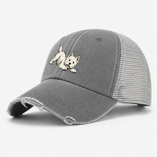 Playful West Highland Terrier Washed Trucker Hat – Grey
