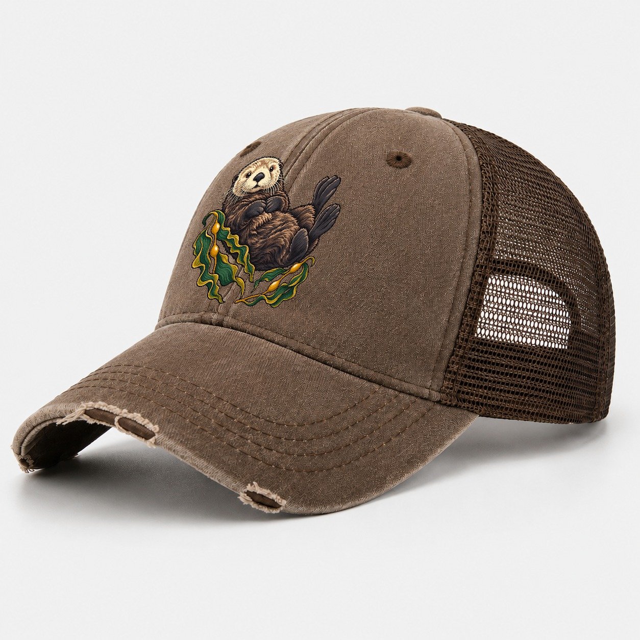 Sea Otter And Bull Kelp Canada Cultural Icons Washed Trucker Hat – Coffee