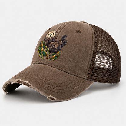 Sea Otter And Bull Kelp Canada Cultural Icons Washed Trucker Hat – Coffee