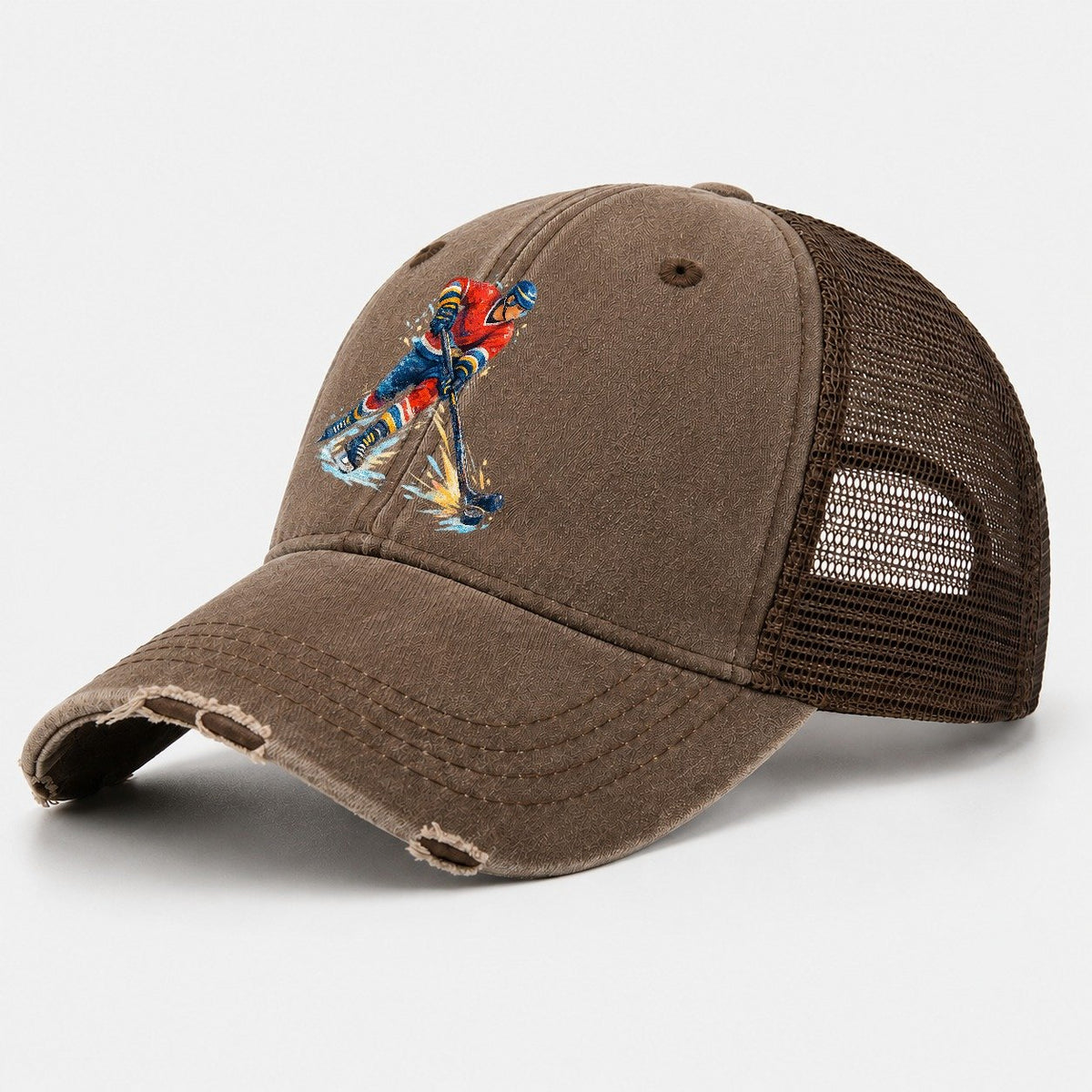 Ice Hockey Player Shooting Puck Washed Trucker Hat – Coffee