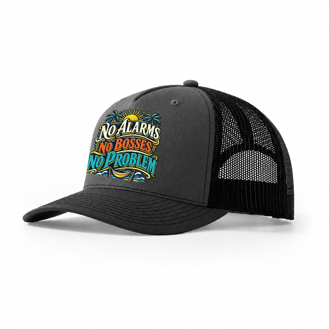 No Alarms No Bosses No Problem Retired Living Trucker Hat – Dark Grey Black