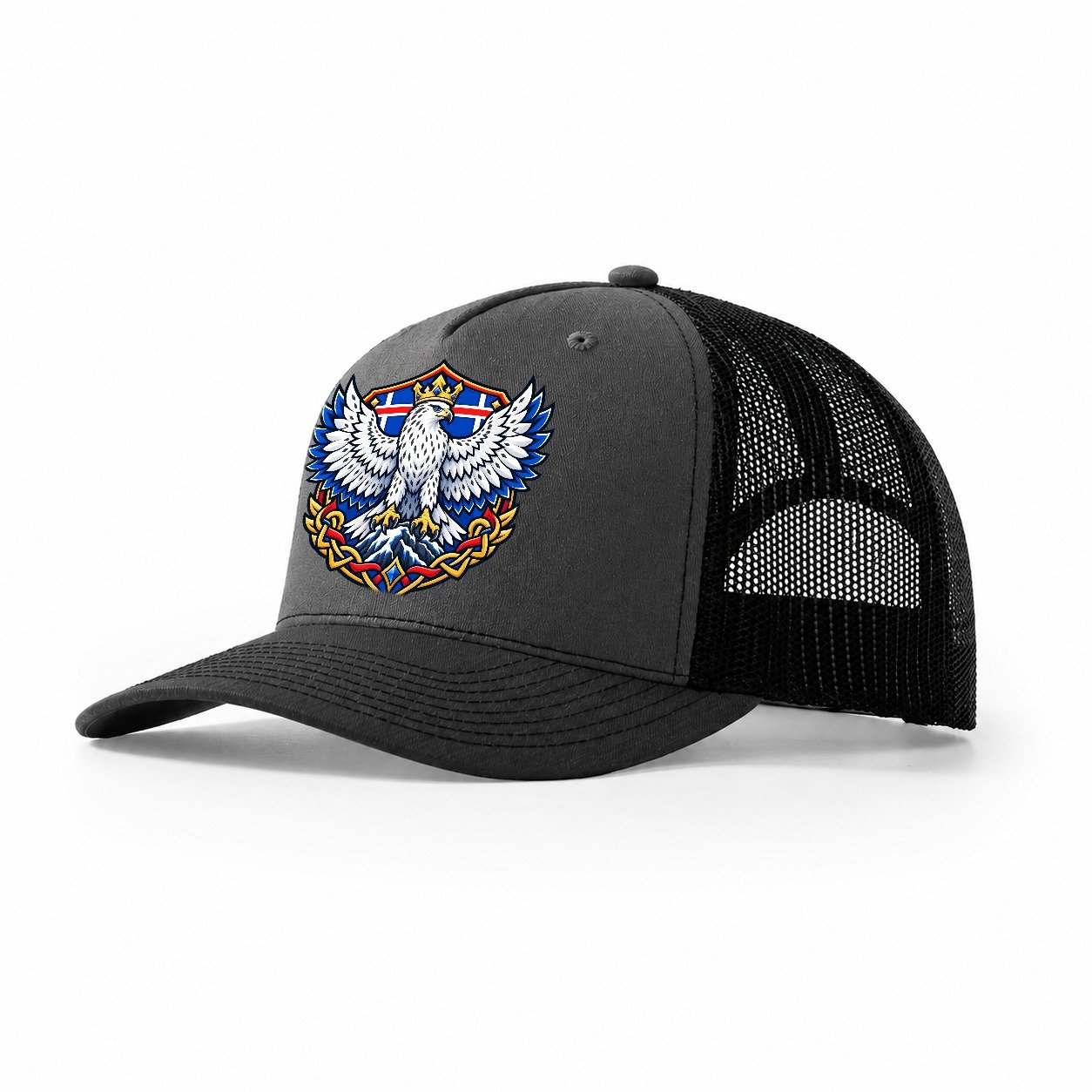 Iceland Heraldic Crest Country Logos Trucker Hat – Dark Grey Black