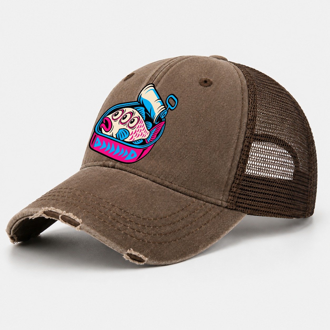 Three Eyed Sardine Tin Crazy Styles Washed Trucker Hat – Coffee
