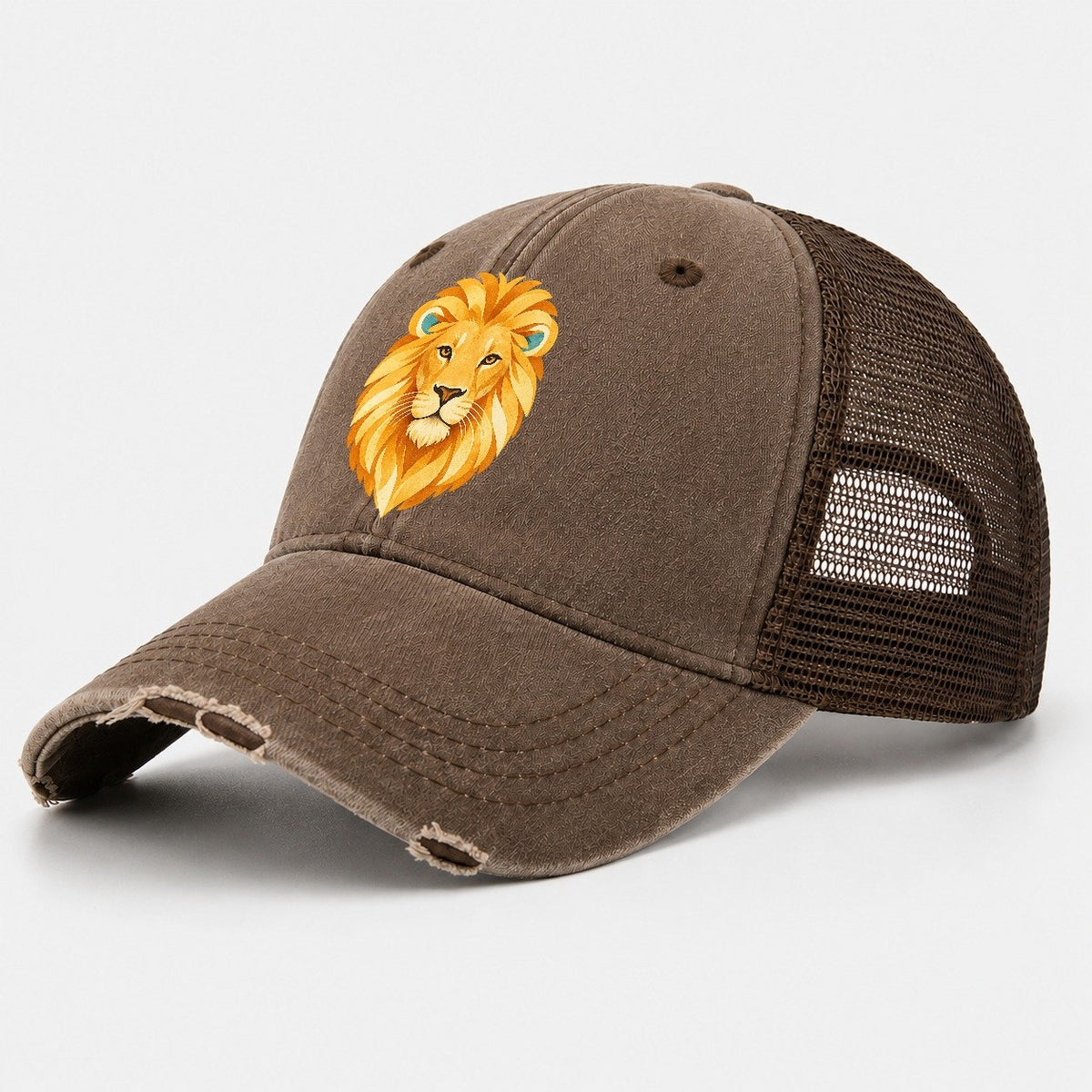Golden Lion Head Washed Trucker Hat – Coffee