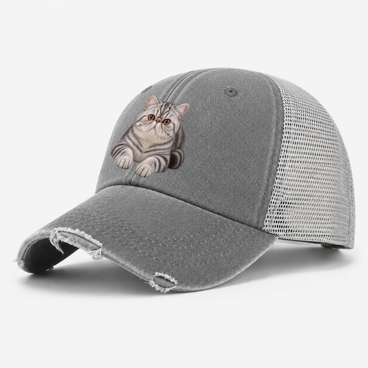Exotic Shorthair Reclining Paws Forward Realistic Cat Portrait Washed Trucker Hat – Grey