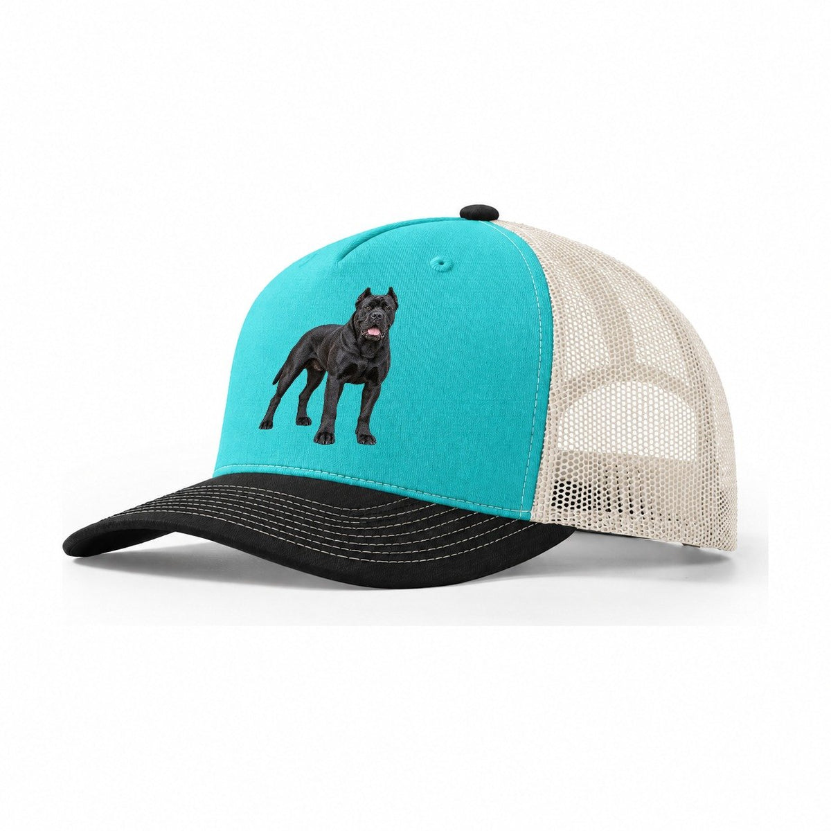 Cane Corso Standing Top Breeds Trucker Hat – Aqua Black White