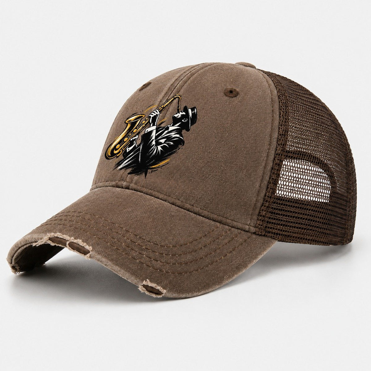 Expressive Ink Jazz Saxophonist Washed Trucker Hat – Coffee