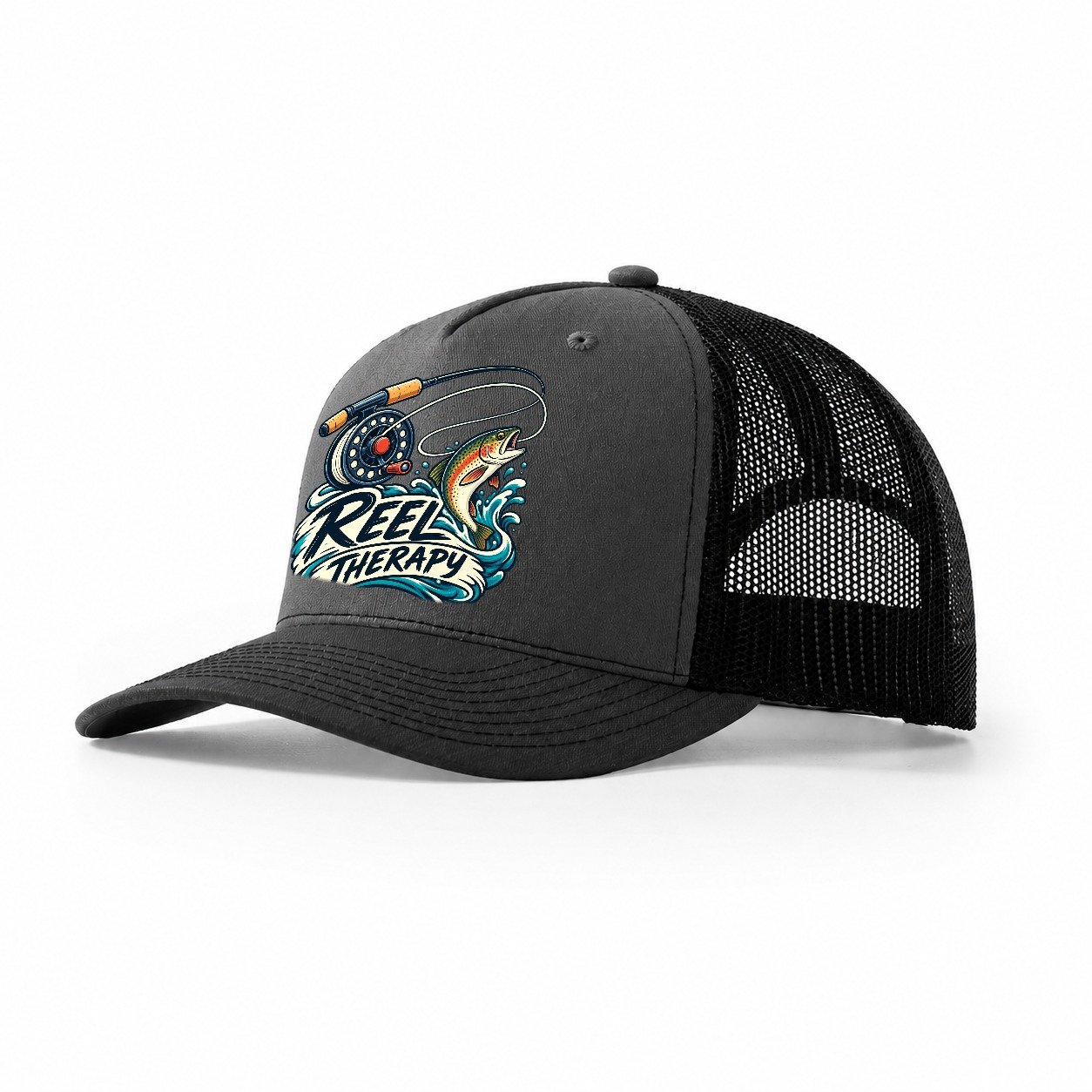 Reel Therapy Fishing Elegant Trucker Hat – Dark Grey Black