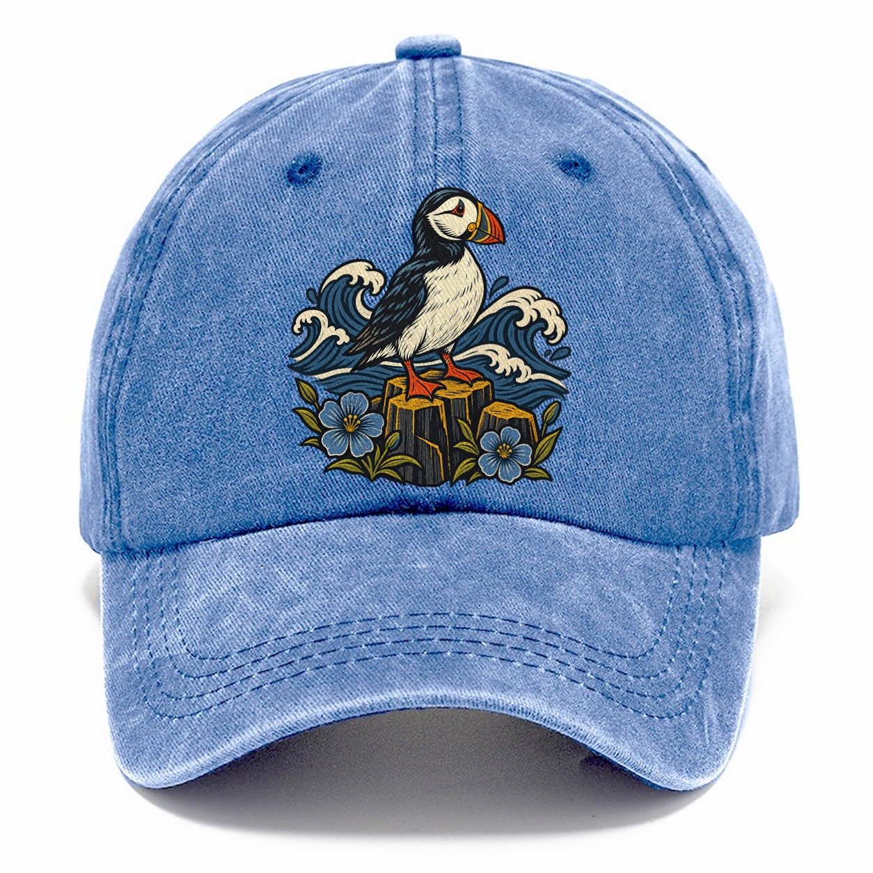 Causeway Coast Puffin And Flax Flowers Uk Culture Heritage Classic Cap – Summer Sky