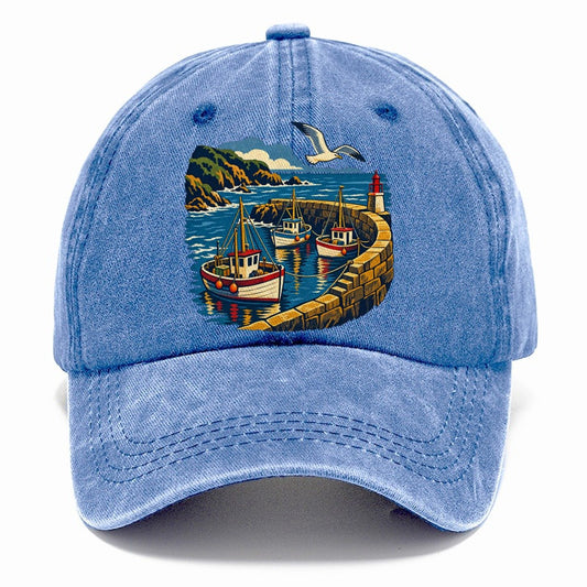 Cornish Fishing Harbour And Gull Uk Culture Heritage Classic Cap – Summer Sky
