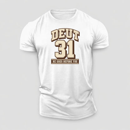Deuteronomy 31 Varsity Chapel Varsity Cotton T-Shirt – White