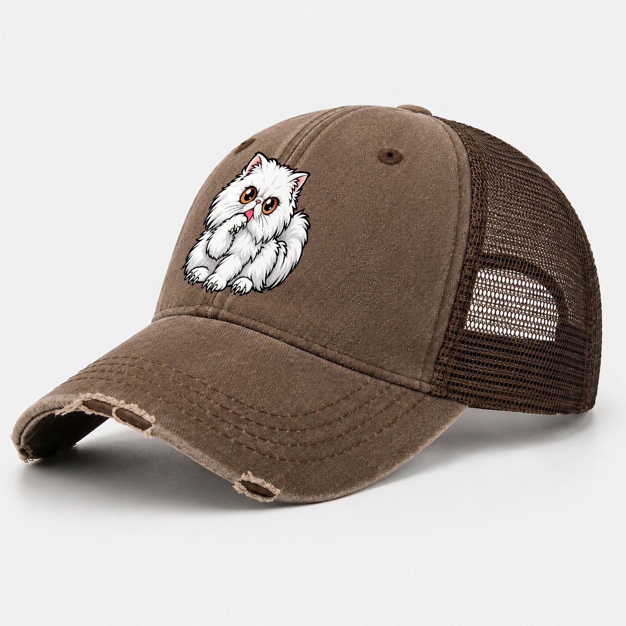 White Persian Grooming Peeking Cats Washed Trucker Hat – Coffee