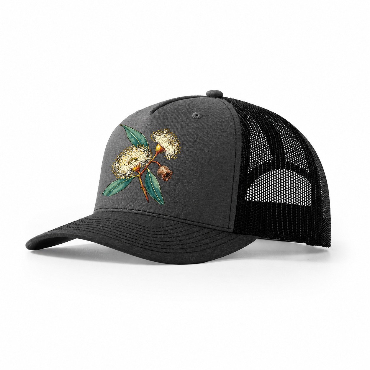Tasmania Blue Gum Blossom And Capsule Australia Cultural Icons Trucker Hat – Dark Grey Black