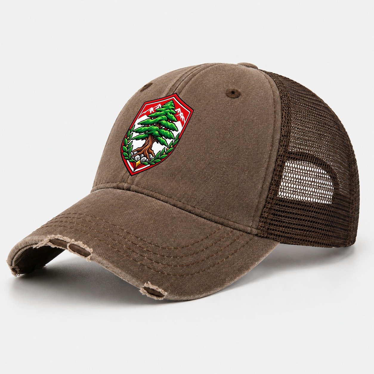Lebanon Minimal Emblem Country Logos Washed Trucker Hat – Coffee