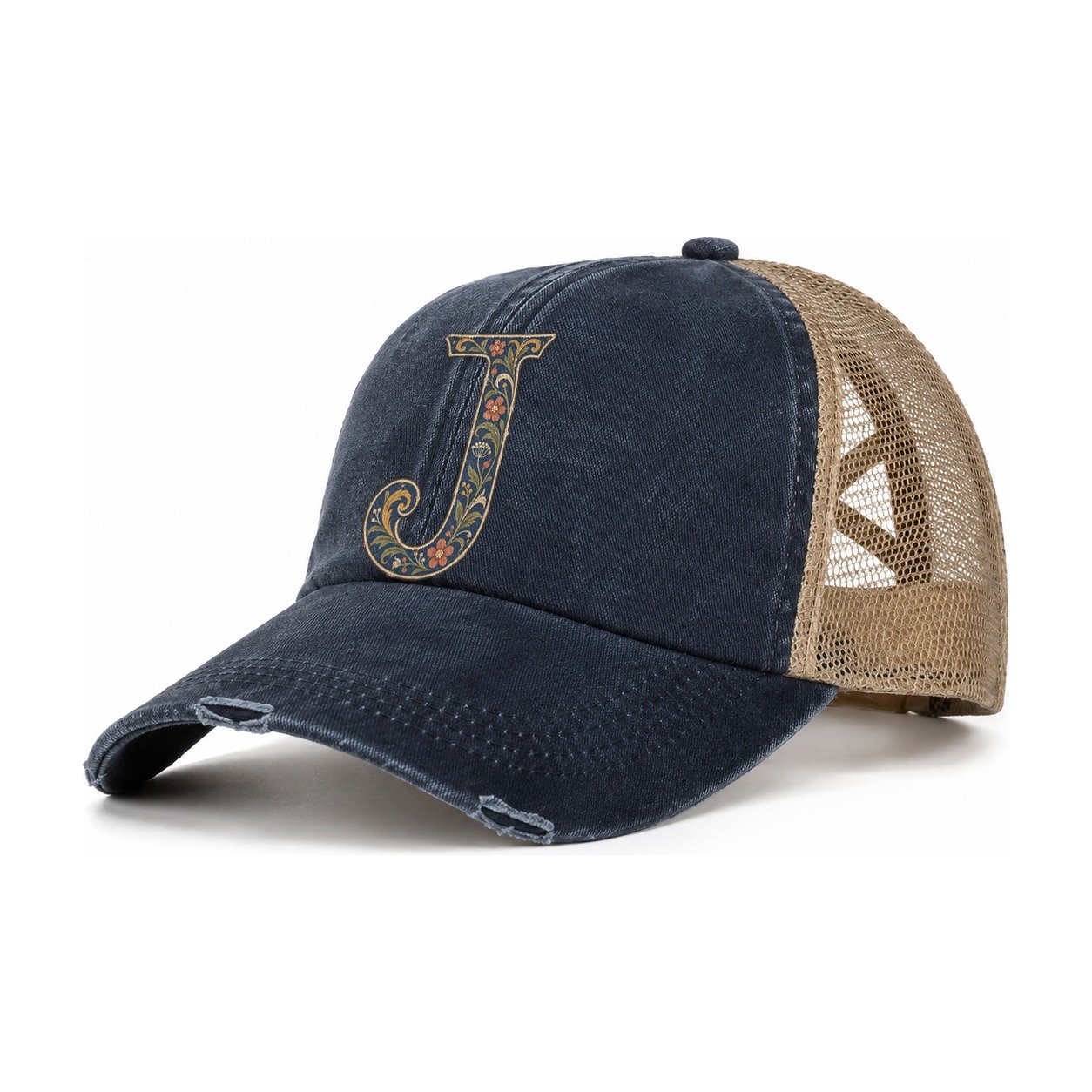 Wildflower J Monogram Women's Ponytail Trucker Hat – Navy Khaki