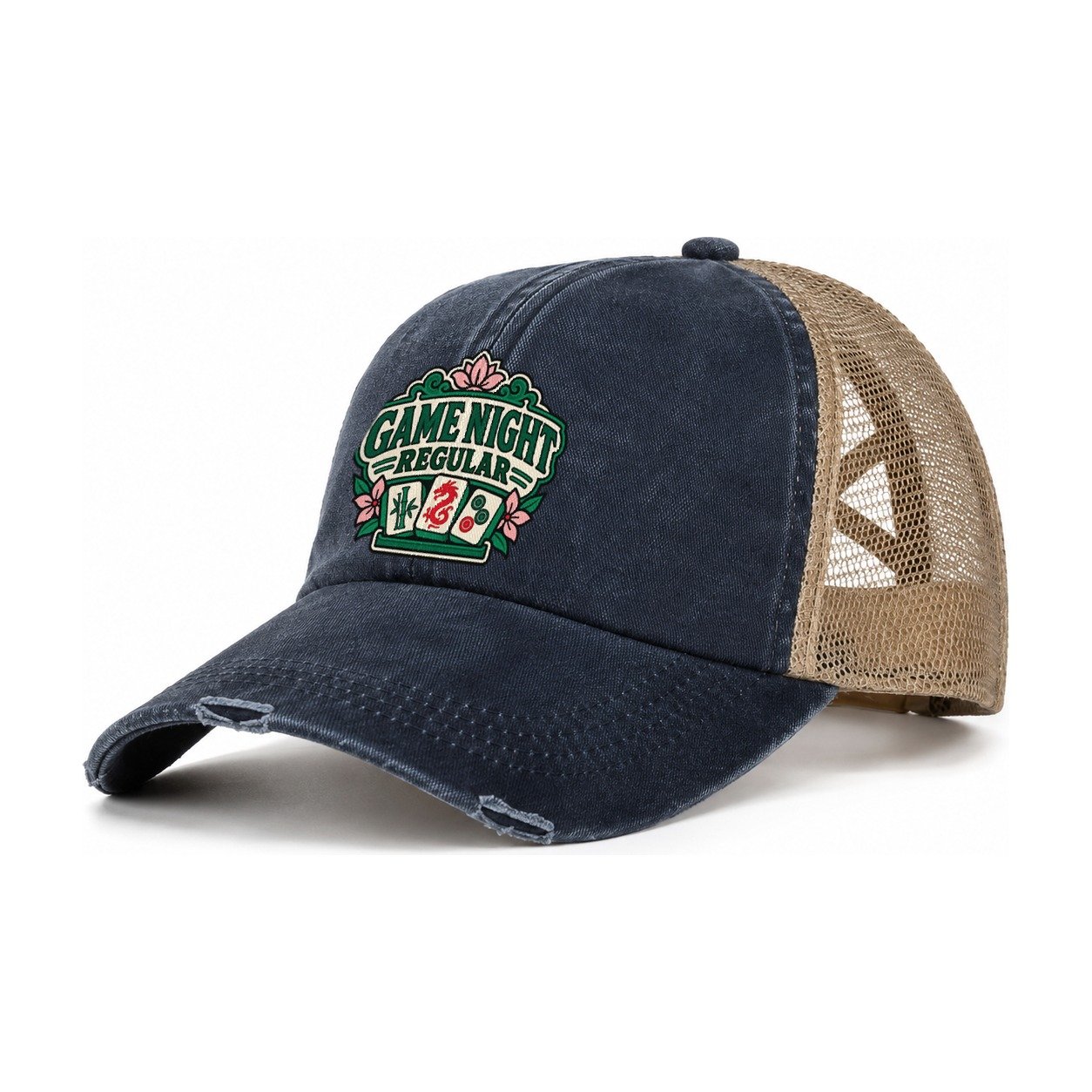 Game Night Regular Mahjong Game Night Women's Ponytail Trucker Hat – Navy Khaki