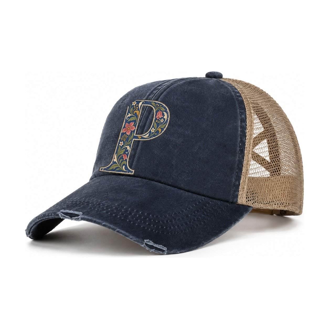 Wildflower P Monogram Women's Ponytail Trucker Hat – Navy Khaki